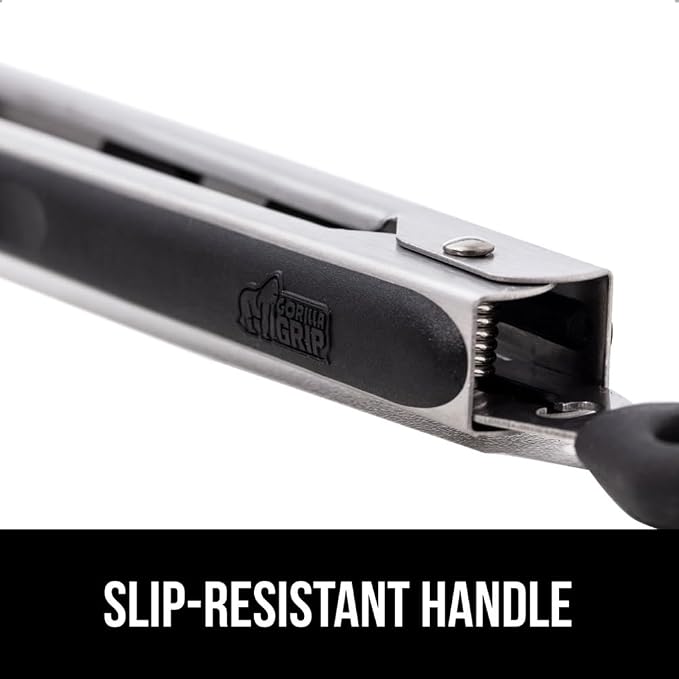 GORILLA GRIP Stainless Steel Heat Resistant Kitchen Tongs for Cooking, 7 + 9 + 12 + 14 Inch Set of 4 BBQ Tong, Non Scratch Silicone Tip for Pans, Grab Food, Toss Salad, Pull Lock, Black