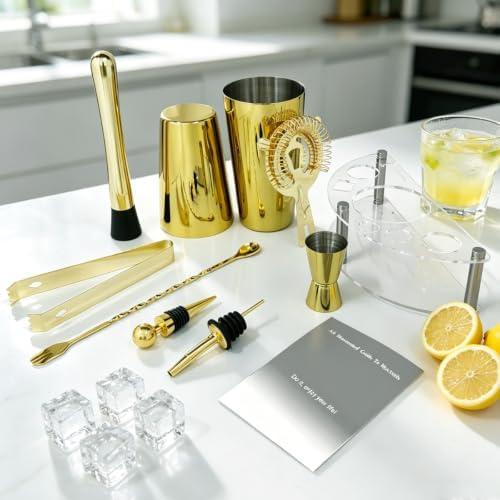 9-Piece Cocktail Shaker with Stand, 25oz Bartender Kit, Cocktail Shaker with Strainer Set, Boston Shaker Set, Bar Set Jigger for Bartending Drink Mixer Set, Cocktail Set Recipes (Gold-25/20oz)