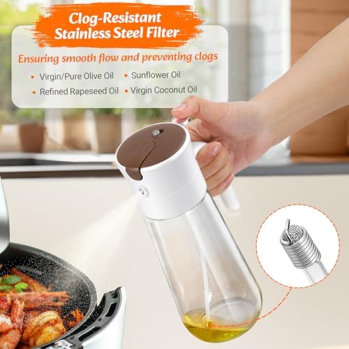Oil Spray Bottle 580ml, 2-in-1 Oil Dispenser & Sprayer Glass Bottle for Kitchen, Fine Mist & Clog-Resistant for Olive-oil, Air Fryer, Kitchen Cooking