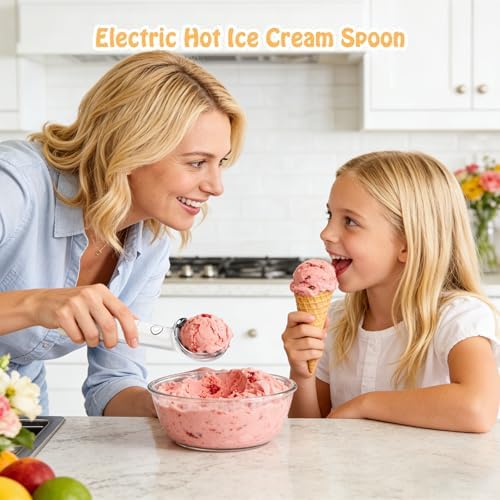 Heated Ice Cream Scoop Rechargeable Ice Cream Scooper with ON/OFF Safety Switch, Ergonomic Nonstick Grip Handle for Gelato, Sorbet, Cookie Dough, Melon, Frozen Yogurt & More (White)