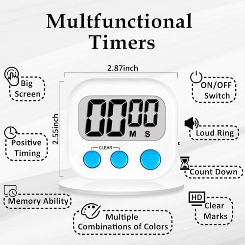 ZILLEEN Digital Kitchen Classroom Timers for Kids Cooking 6pcs Wht Blu Pk