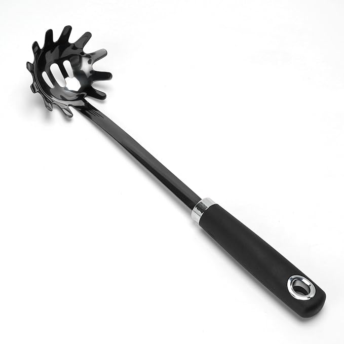 Black Stainless Steel Pasta Spoon, Spaghetti Server with Teeth, Metal Pasta Fork for Noodles, Linguine, Fettuccine and Macaroni, Dishwasher Safe