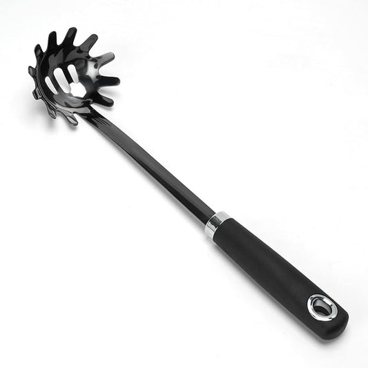 Black Stainless Steel Pasta Spoon, Spaghetti Server with Teeth, Metal Pasta Fork for Noodles, Linguine, Fettuccine and Macaroni, Dishwasher Safe