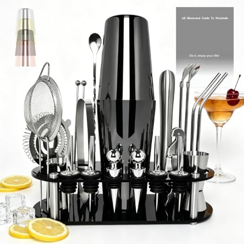 22-Piece Cocktail Shaker Set, 25/20oz Bartender Kit, Bartending Stainless Steel Bar Tools Sets for Drink Mixing, Boston Cocktail Shakers with Stand Recipes Booklet (Black-25-20oz)