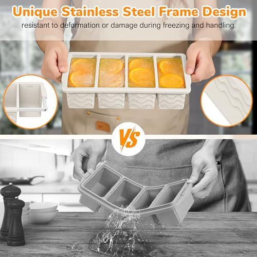Silicone Freezer Trays with Lid (4-Pack), 1-Cup, 2-Cup, 1/2-Cup & 2-Tbsp Silicone Freezer Molds, Stackable Soup Freezer Meal Prep Containers,Ice Cube Tray for Making Sauce,Smoothies,Yogurt Bites