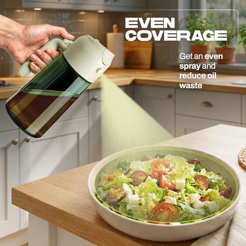 PORTENTUM Olive oil spray bottle for cooking 16oz/470ml 2 in 1 spray and pour function – Anti drip green glass bottle dispenser with light protection – Multilingual labels – Air fryer salads grilling