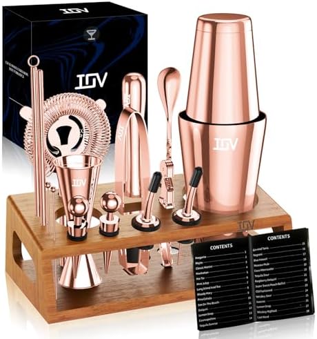IOV Mixology Bartender Kit Bar Set with Stand | 17-Piece Cocktail Shaker Set | 28oz Boston Shaker Drink Mixer Set with All Essential Accessory Tools | Fun Housewarming Gift (Rose Gold)