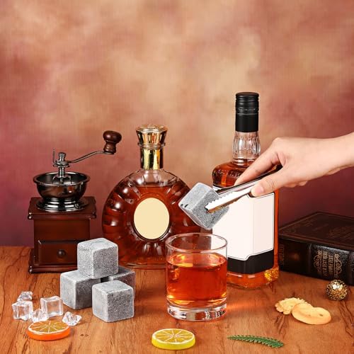 Hosuly 12 Pcs Extra Large Whiskey Ice Cubes 1.6 Inch Jumbo Whiskey Rocks Gift Set for Father's Day, Whiskey Sack and Ice Tong Marble Drink Chilling Stones for Men Dad(Dark Grey)