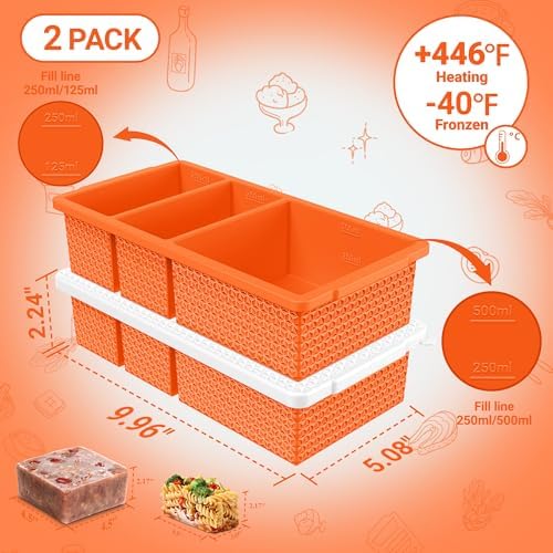 Silicone Freezer Trays with Lid (2-Pack), 1-Cup & 2-Cup Silicone Freezer Molds, Stackable Soup Cubes Freezer Tray with Lid for Portion Control, Food Storage & Meal Prep, Oven & Dishwasher Safe