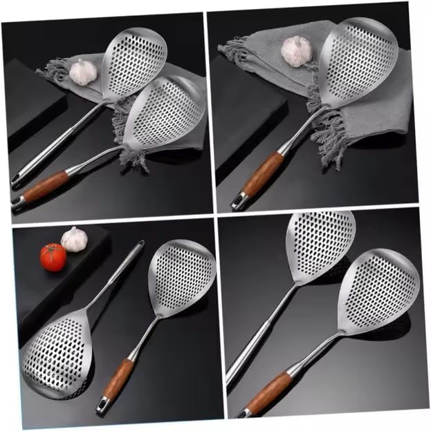 Skimmer Slotted Spoon 304 Stainless Steel With Wooden Handle 16.8 inch Skimmer Spider Food Strainer Ladle Kitchen Cooking Colander for Pasta Deep Frying Scoop
