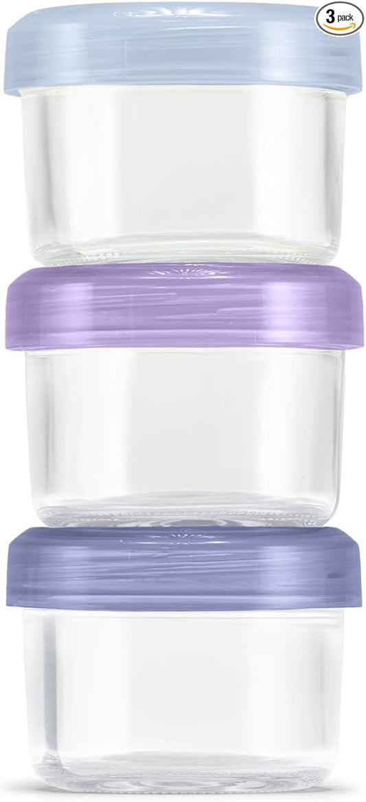 Ello Color Lock 4oz Glass Condiment Containers with Lids, 3 Pack, Purple Rain