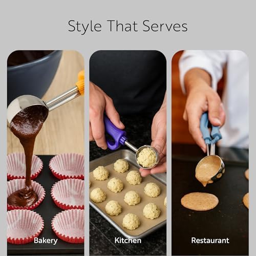 Restaurantware Comfy Grip 4 Ounce Gelato Scoop 1 Ambidextrous Ice Cream Scoop - Built-In Blade Bright Handle Gray Stainless Steel Cookie Dough Scoop Comfortable Grip For All Ingredients
