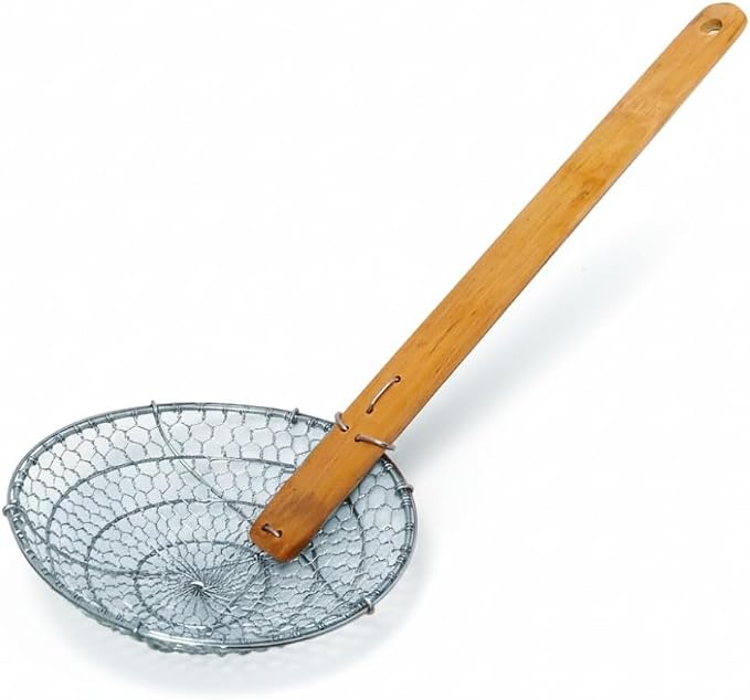 TrueCraftware- 6” Coarse Mesh Skimmer Galvanized Steel with Natural Bamboo Handle- Spider Strainer Ladle Kitchen Frying Food Pasta Spaghetti for Cooking and Frying Pasta Strainer Spoon