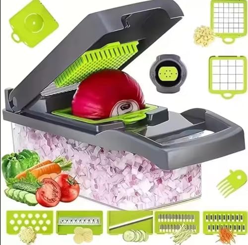 Veggie slicer 16 pieces (Gray, 1) 16 pieces hand operated vegetable slicer, veggie chopper, food chopper, onion cutter.