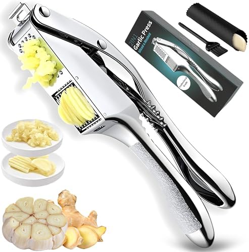 Garlic Press Stainless Steel - 3-in-1 Heavy Duty Garlic Press and Slicer, Professional Garlic Mincer Tool & Garlic Crusher with Ergonomic Handle, Dishwasher Safe Garlic Presser Set