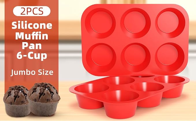 CAKETIME Silicone Jumbo Muffin Pan, 3.5 Inch Silicone Texas Muffin Pan 6 Cup Large Cupcake Pan Nonstick BPA Free Silicone Molds 2 Pack Red