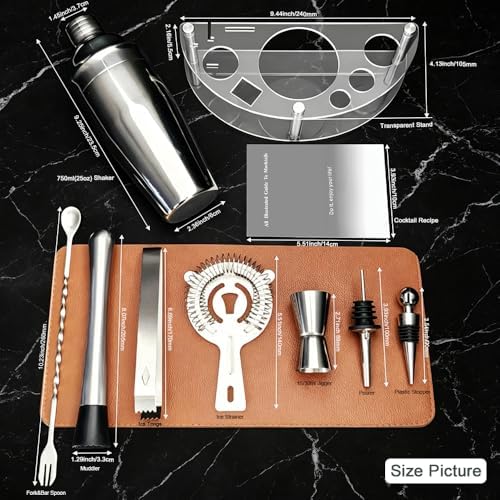 9-Piece Cocktail Shaker with Stand, 25oz Bartender Kit, Cocktail Shaker with Strainer Set, Bar Set Jigger for Bartending Drink Mixer Set, Cocktail Set Recipe (Silver)
