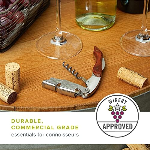 True Sommelier Waiters Corkscrew Wine Opener with Built-in Bottle Opener and Sharp Foil Cutter, Stainless Steel with Wood Handle for Travel, Home Bar, Kitchen, Gifts for Wine Lovers, Set of 1