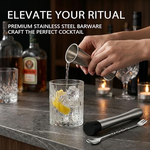 Muddler for Cocktails, 10 Inches Bar Spoon, 1 oz 2 oz Double Jigger- Premium 3 Piece Silver Mixing Tools Set for Drinks