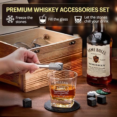 Custom Birthday Name Year Whiskey Glass Set, 2 Glasses, Wood Crate