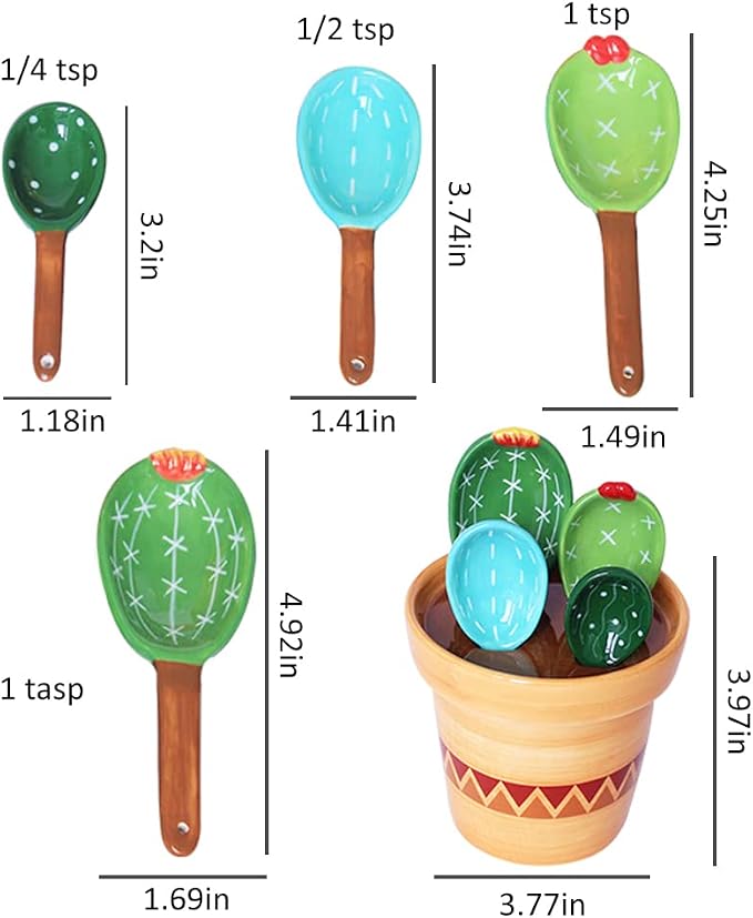 Ceramic Cactus Measuring Spoons with Holder Set of 5 Baking Measuring Spoons for Wet & Dry Ingredients Cactus Figurine Dishwasher Safe Mixed Colors 1 Tbsp 1 TSP 1/2 TSP 1/4 TSP 1 Cup Green