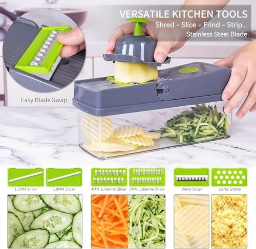 16 in 1 Vegetable Chopper and Food Chopper with Container, Onion Slicer Cutter Dicer, Veggie Cutter with 7 Blades for Carrot Salad Garlic Potato (Design 2)
