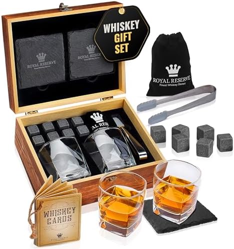 Whiskey Stones Gift Set for Men & Dad, Bourbon Glasses & Chilling Rocks