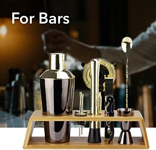 Arora 10Pcs Bartender Kit Bar Set, 24OZ Black & Gold Cocktail Shaker Set with Stainless Steel Bartending Accessories for Home & Bamboo Stand, Ideal Drinking Mixers Gift Set for Martini Margarita