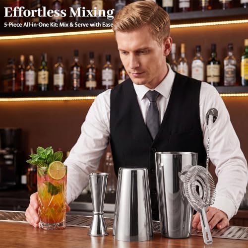 Boston Cocktail Shaker Set, 18 oz & 28 oz 2-Piece Tins, 304 Stainless Steel Bartender Kit 5-Piece Bar Tool Set with Recipe Book, Perfect for Novices & Pros, Home and Bar Use (Silver)