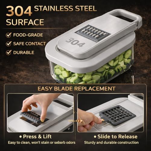All-in-One Food Chopper & Mandoline Slicer, 9-in-1 Vegetable Chopper with Interchangeable Stainless Steel Blades, BPA-Free Manual Onion Dicer, Julienne & Grater with Container