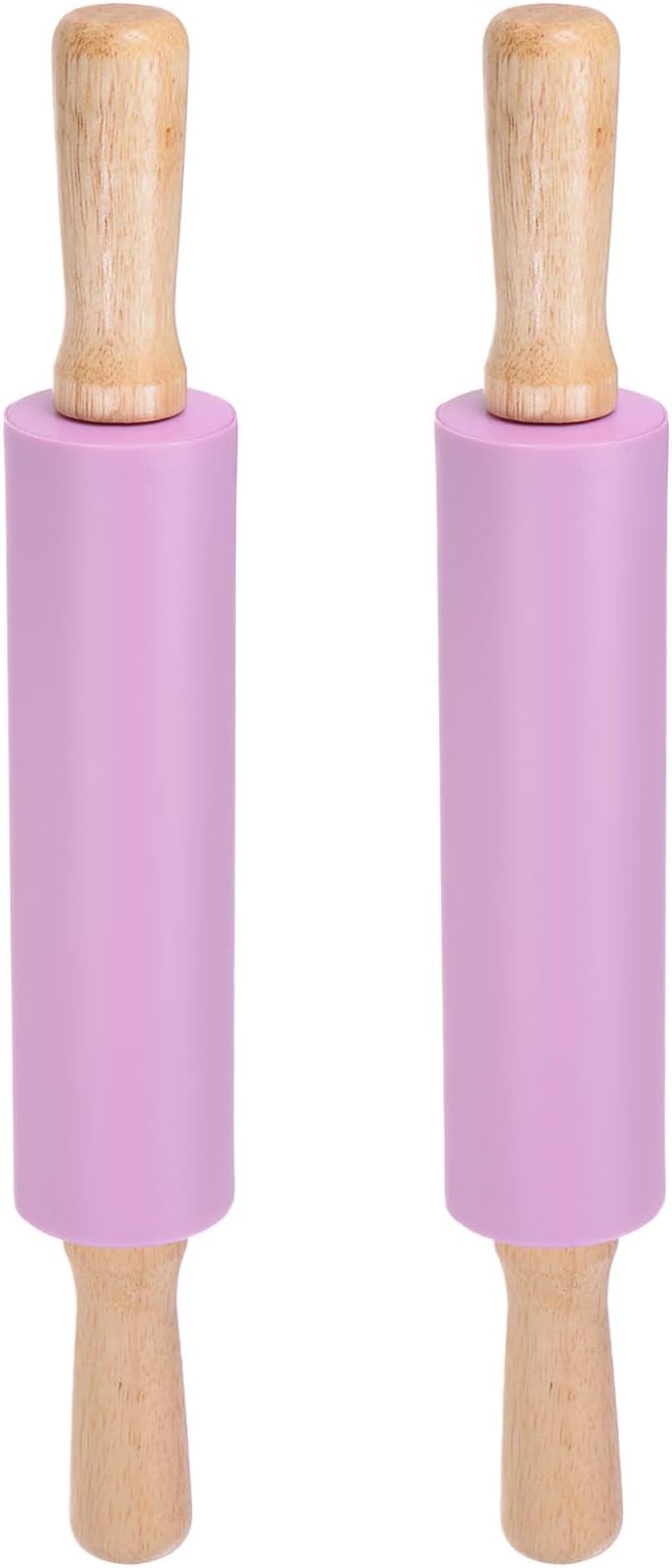 HARFINGTON 2pcs Silicone Rolling Pins for Baking 14.96 Inch Non-Stick Silicone Surface Wooden Handle Rolling Pin Small Roller Playdough Rolling Pins for Fondant Kitchen Dough Pizza, Purple
