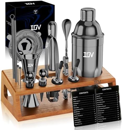 IOV Cocktail Shaker Set Bartender Kit with Stand | Bar Set Drink Mixer Set Includes Martini Shaker, Jigger, Strainer, Mixing Spoon, Muddler, Recipe Book | Home Bar Accessories Gift Set (Black)