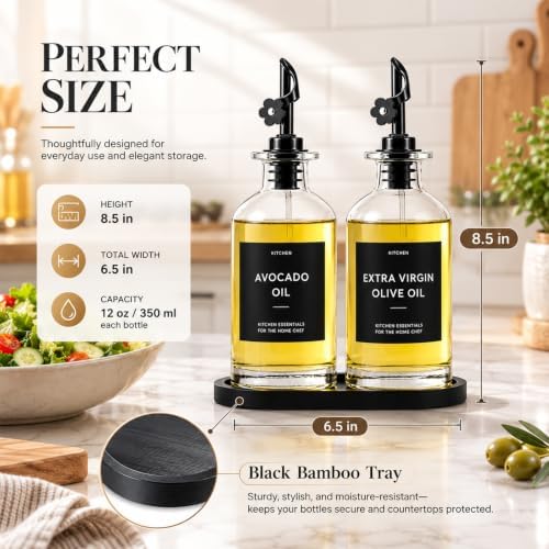 Olive Oil Dispenser for Kitchen, 2-Pack 12oz Glass Bottle with Labels