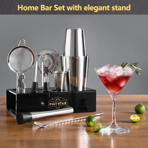 Mixology Bartender Kit with Stand, Home Bar Set Cocktail Shakers Bartending Kit, Bar Tools Boston Shaker Set, Professional Drink Mixing Martini Making Barware with Recipe Book