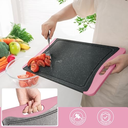 Extra Large Cutting Boards, Plastic Cutting Boards for Kitchen (Set of 3) Cutting Board Set Dishwasher Chopping Board with Juice Grooves Easy-Grip Handles, Pink, Empune
