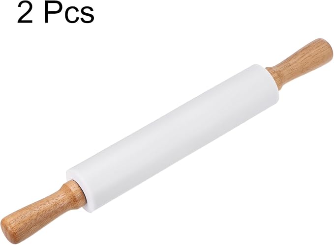 HARFINGTON 2pcs Silicone Rolling Pins for Baking 16.93 Inch Non-Stick Silicone Surface Wooden Handle Rolling Pin Small Roller Playdough Rolling Pins for Fondant Kitchen Dough Pizza, White