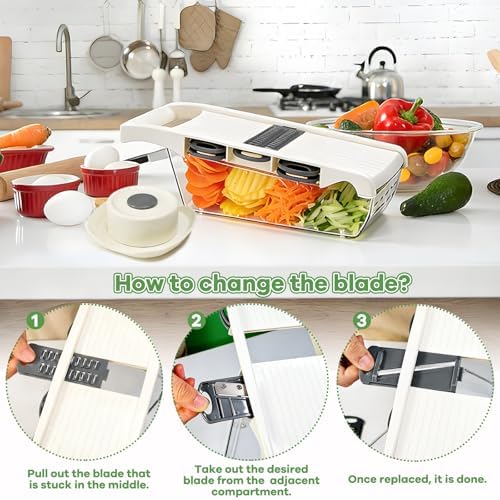 6-in-1 Mandoline Slicer for Kitchen, Multi Blade Veggie Cutter with Drainage Tray, Stainless Steel Blades, BPA-Free, Non-Slip Base & Easy Clean for Meal Prep (stainless steel)