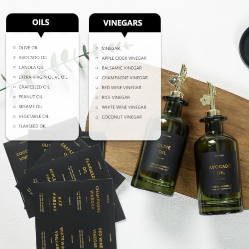 Olive Oil Dispenser for Kitchen, 2-Pack 12oz Glass Bottle with Gold Labels