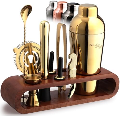 Mixology & Craft Cocktail Shaker Set with Dark Bamboo Stand - Professional 10-Piece Bartender Kit - Complete Bar Set & Cocktail Mixer Kit for Home (Gold)