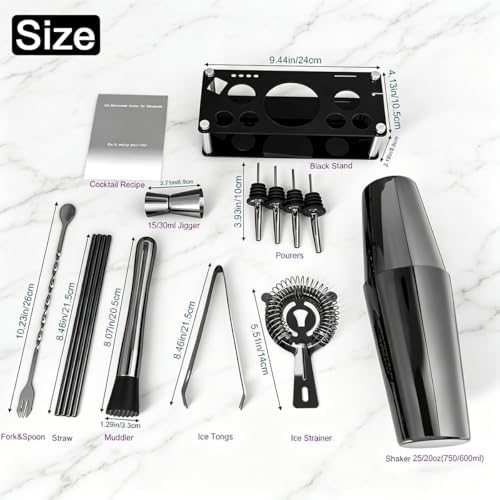 Professional Cocktail Shaker Set with Stand Cocktail Recipes, 15-Piece 750/600ml Bartender Kit, Bar Sets Bartending Kit Bar Tool Set 25/20oz Boston Shakers, Jigger, Muddler (Black)