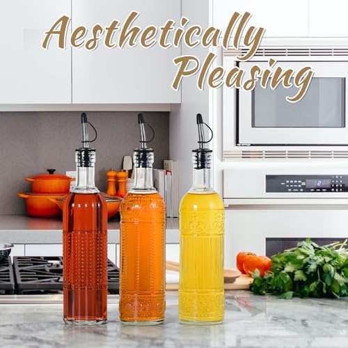 3-Pack Glass Oil Dispensers 500ML/17OZ, Oil and Vinegar Bottles Set with Stainless Steel Pourers, Brush, Funnel, Seal Caps (Round)