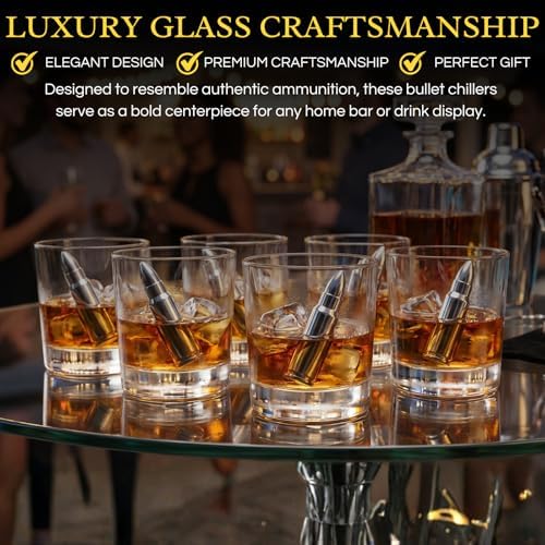 Bullet Whiskey Chillers Stones - Whiskey Rocks by The Wine Savant Set of 6 - Stainless Steel Bullet Shaped Ice Cubes, Gift Box Come, Tongs and Storage Bag, Whiskey or Scotch Rocks (Silver)