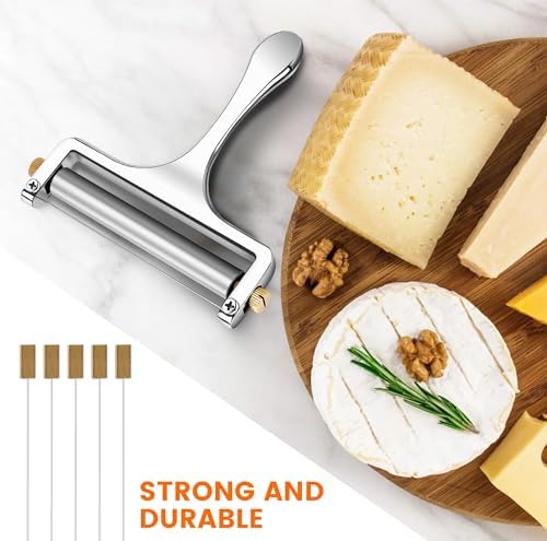 Cheese Slicer Stainless Steel Wire Cheese Cutter Slicer for Mozzarella, Cheddar, Gouda, And More Block Cheese - Heavy Duty Slicer With 6 Extra Replacement Cutting Wire Adjustable Thickness
