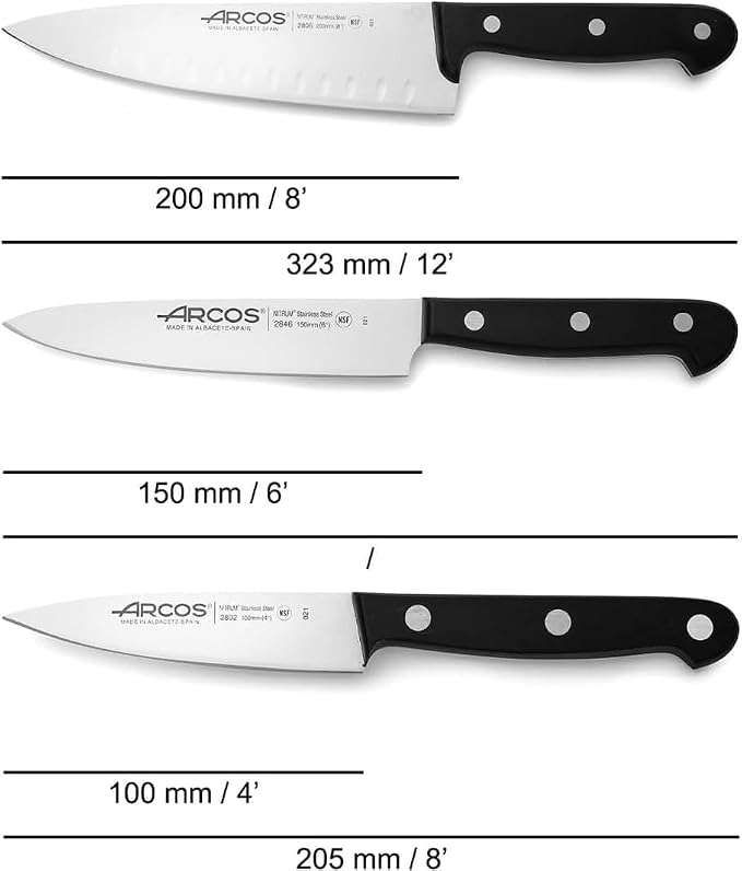 Arcos Knife Set 3 pieces Nitrum Stainless Steel. Professional Kitchen Knives for Cooking. Ergonomic Polyoxymethylene POM Handle. Series Universal. Black Color