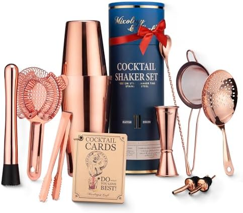 Mixology & Craft Deluxe Copper Cocktail Shaker Set – Weighted Boston Shaker Kit for Bartenders – Includes Japanese Jigger, Muddler, Pourers, Strainers – Perfect for Home Bars and Gifts
