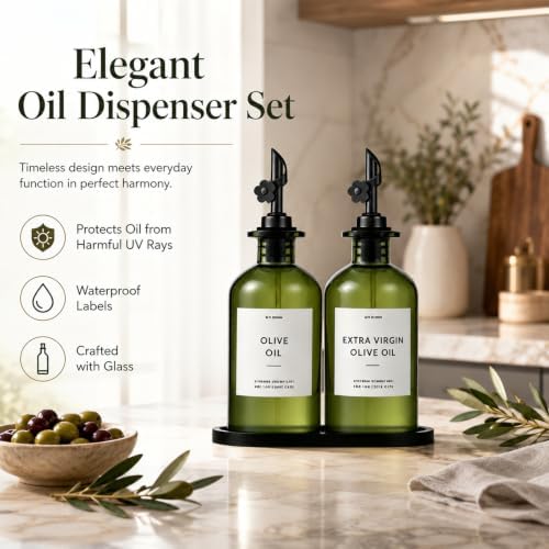 Olive Oil Dispenser for Kitchen, 2-Pack 12oz Glass Bottle with White Labels