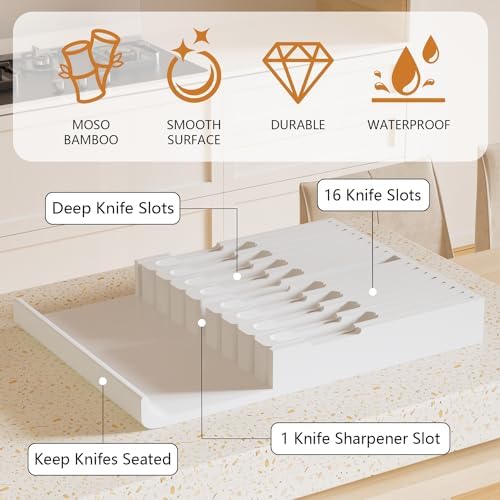 Domax Bamboo In-drawer Knife Block - Kitchen Knife Drawer Organizer Insert, Knife Holder without Knives Large, Drawer Knife Organizer Fits for 16 knives and 1 Sharpening Steel (Not Included), White