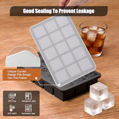 1.3" Small Square Silicone Ice Cube Tray for Freezer, 15 Cavity Big Old Fashioned Ice Cube Mold for Whiskey,Craft Ice Cube Molds with Lid for Chilled Drinks, Cocktails, Whiskey,Bourbon-2 Pack