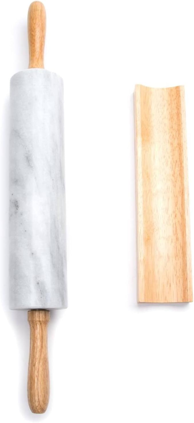 Fox Run Polished Marble Rolling Pin with Wooden Cradle, 10-Inch Barrel, White | Marble Stays Cool For Pastry | Heavy Dough Roller For Easy Rolling & Baking | Includes Stand | Naturally Non-Stick Surface