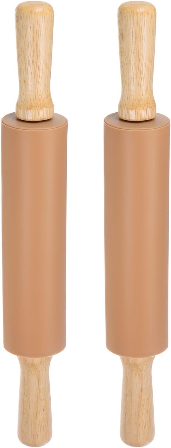 HARFINGTON 2pcs Silicone Rolling Pins for Baking 14.96 Inch Non-Stick Silicone Surface Wooden Handle Rolling Pin Small Roller Playdough Rolling Pins for Fondant Kitchen Dough Pizza, Beige